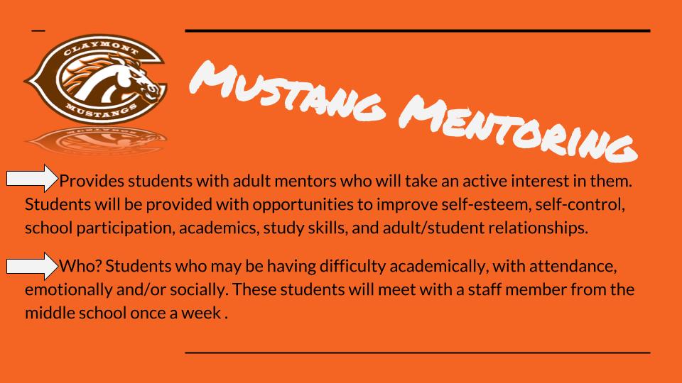 Claymont school district logo, Claymont Mustangs, Mustang Mentoring, A program that provides struggling students with adult mentors